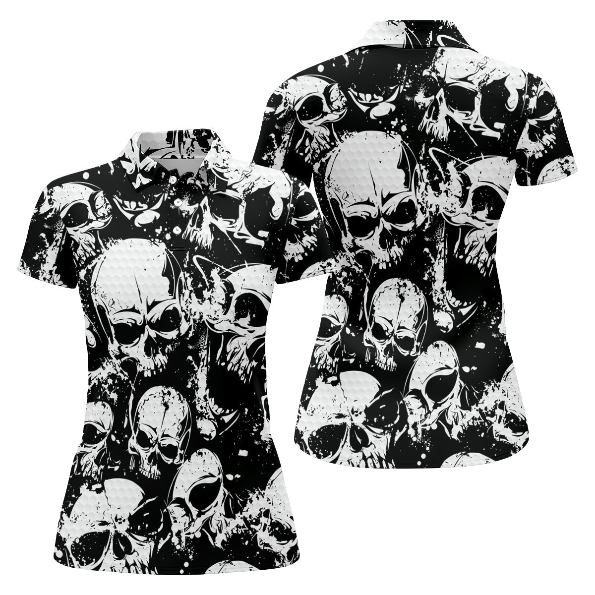 Skulls Splatter Black Grunge Womens Golf Shirts, Ladies Golf Polos, Cool Golf Gift, Golfing Apparel