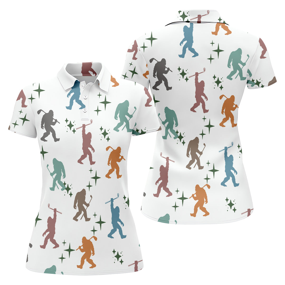 Colorful Bigfoot Silhouette Pattern Fun Women's Golf Shirts, Unique Gift For Golfer, Ladies Golf Polos
