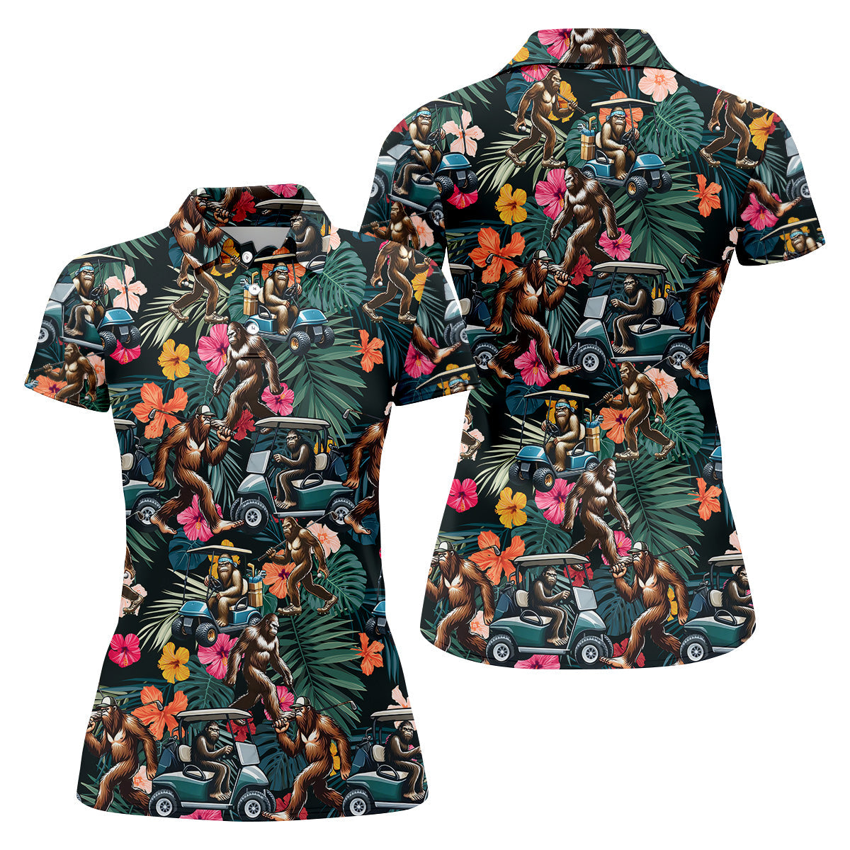 Bigfoot Golf Cart Tropical Floral Fun Women's Golf Shirts, Ladies Sleeveless Tops, Ladies Golf Shirts