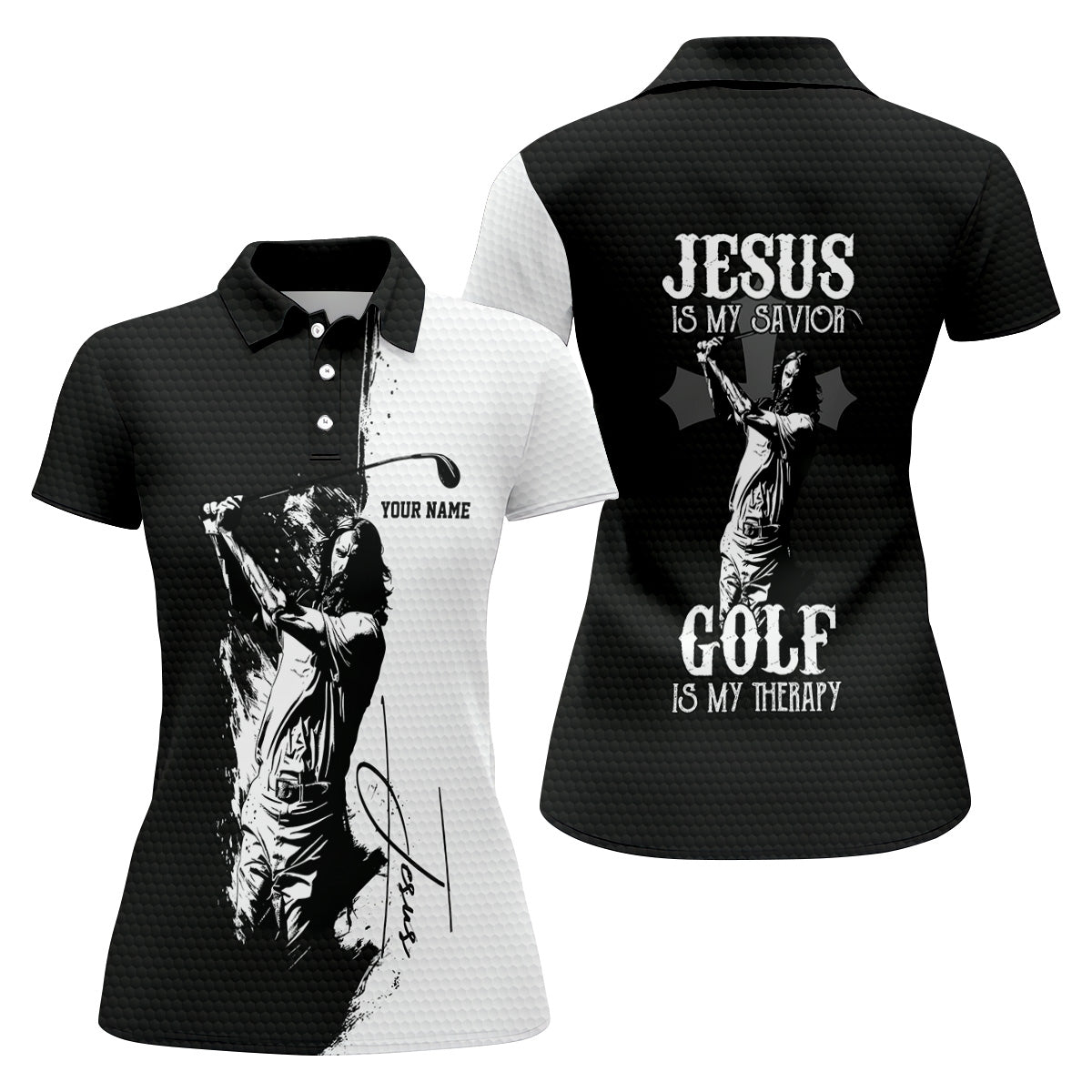 Jesus Is My Savior Golf Is My Therapy Christian Golf Shirt, Black And White Golf Polo, Ladies Golf Shirts