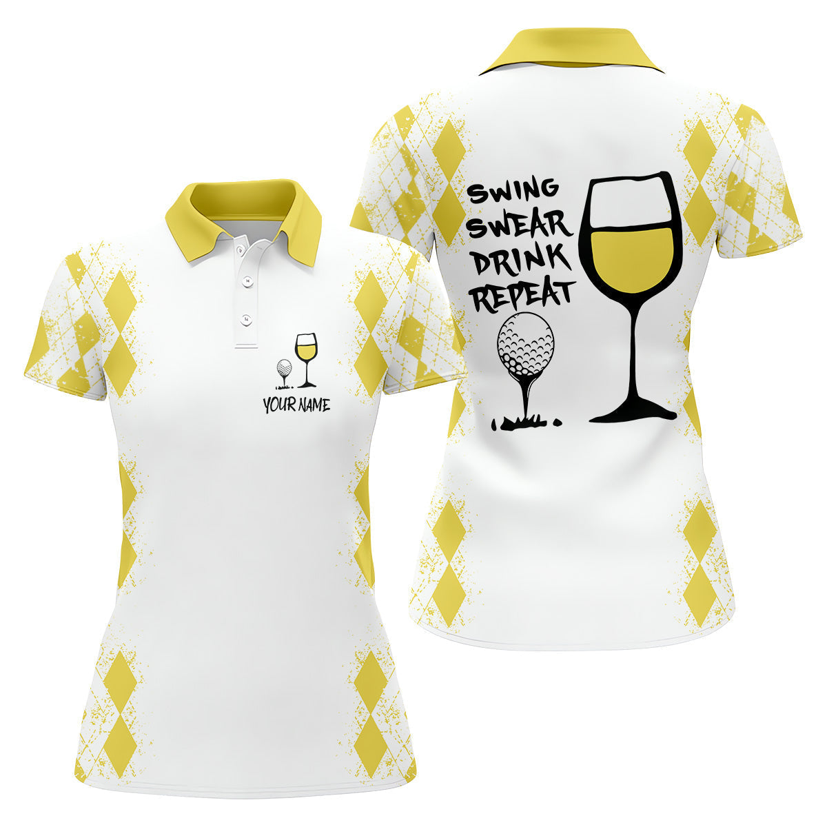 Swing Swear Drink Repeat Lemon Yellow Argyle Golf Shirt, Fun Womens Golf Shirts, Ladies Golf Shirts