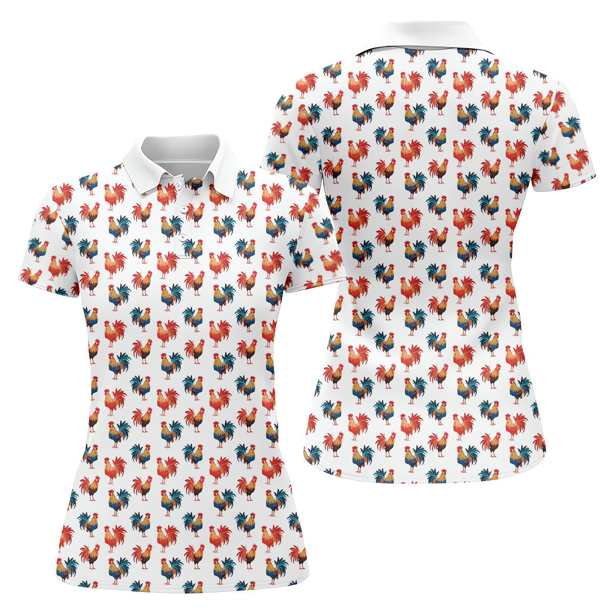 Colorful Chicken Rooster Golf Shirt, Fun Womens Golf Shirts, Cute Golf Outfit, Ladies Golf Polos