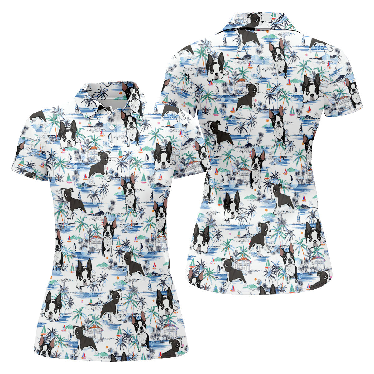 Boston Terrier Ocean Vibe White Tropical Golf Shirts, Fun Women's Golf Shirts, Gifts For Dog Lovers