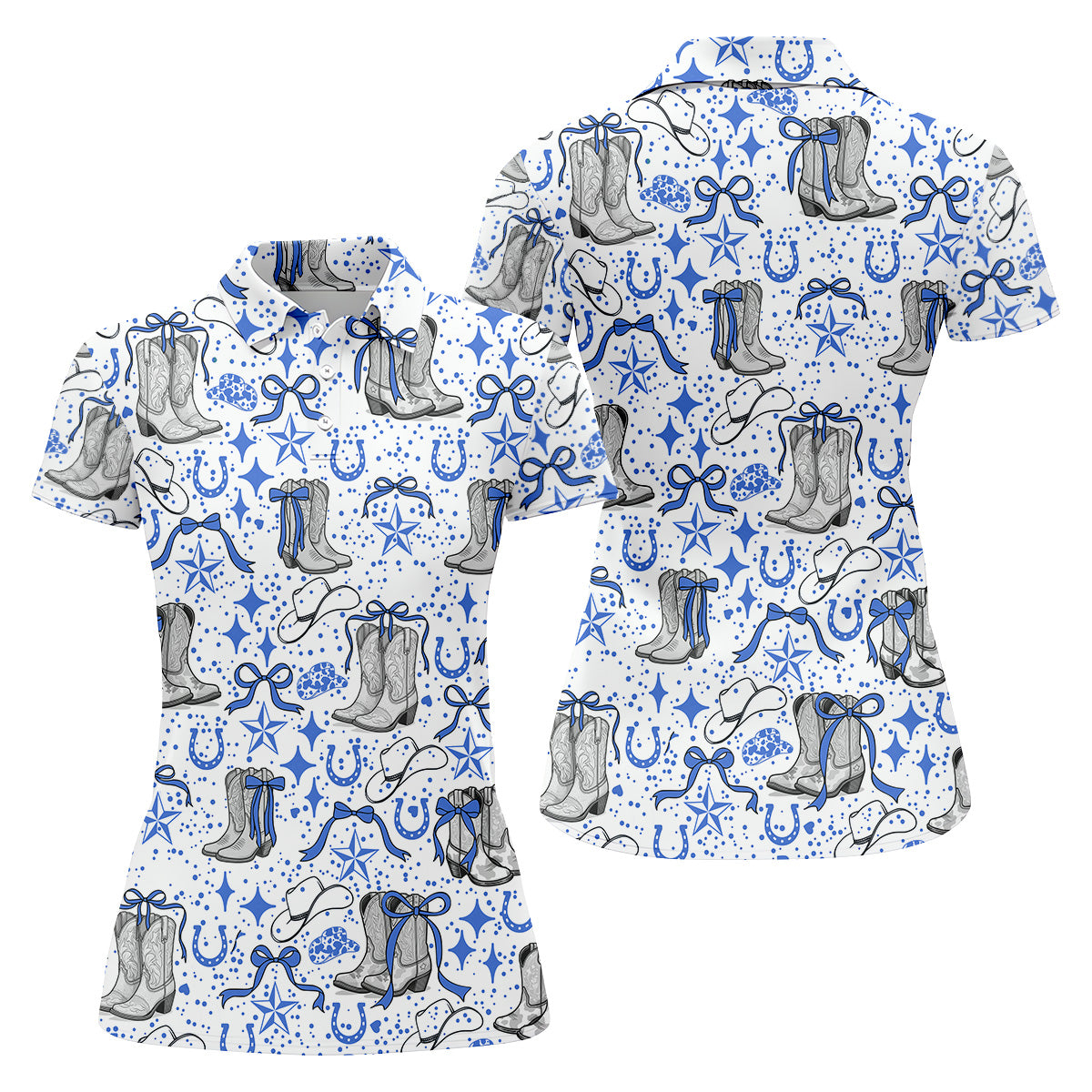 Coquette Cowgirl Boots Blue Western Golf Shirts Women, Retro Golf Shirt, Ladies Golf Polos