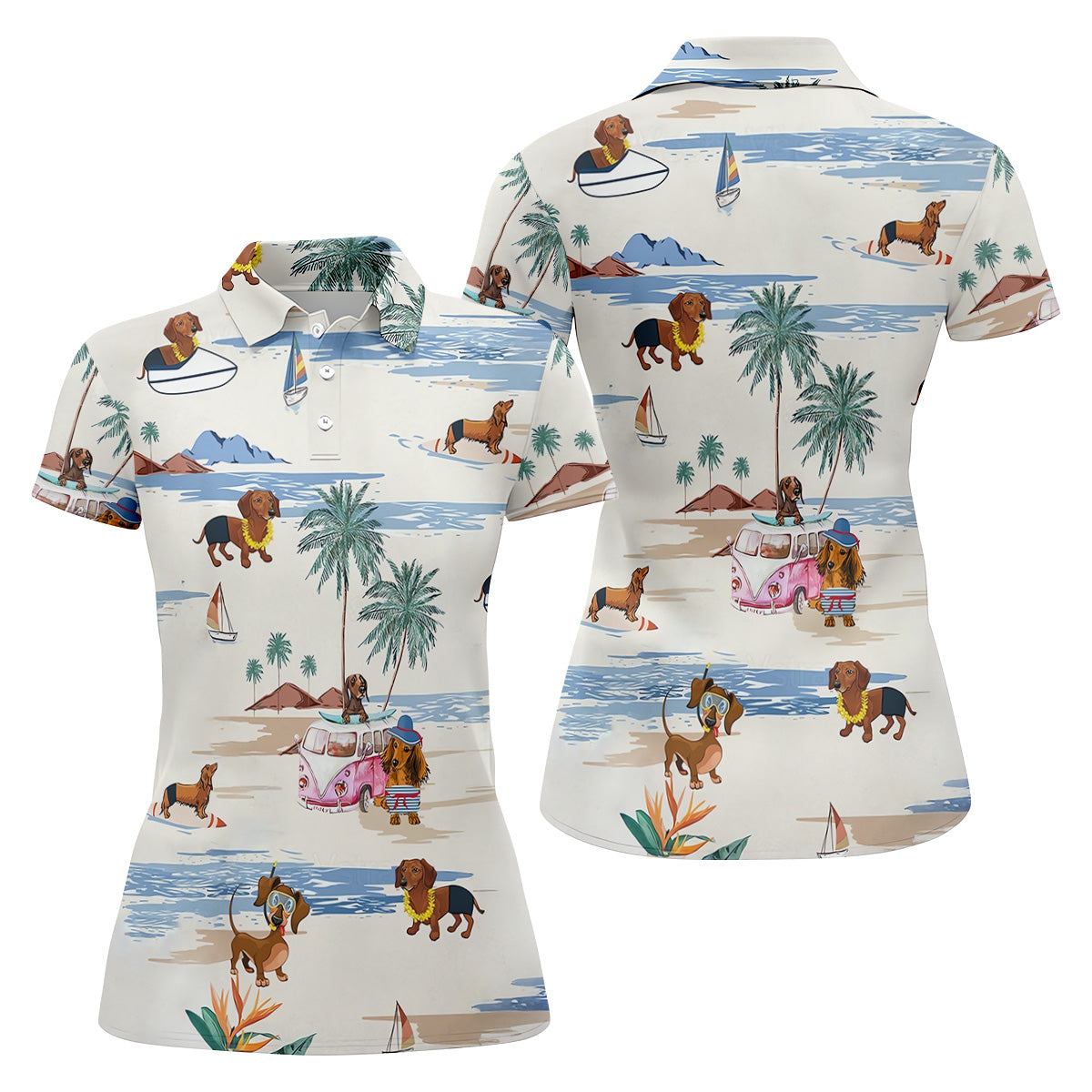 Cute Dachshund Tropical Golf Shirts, Fun Women's Golf Shirts, Ladies Golf Tops, Gifts For Dog Lovers