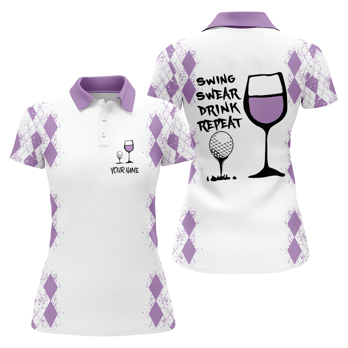 Swing Swear Drink Repeat Purple Argyle Golf Shirt, Fun Womens Golf Shirts, White Polo Women, Ladies Golf Shirts