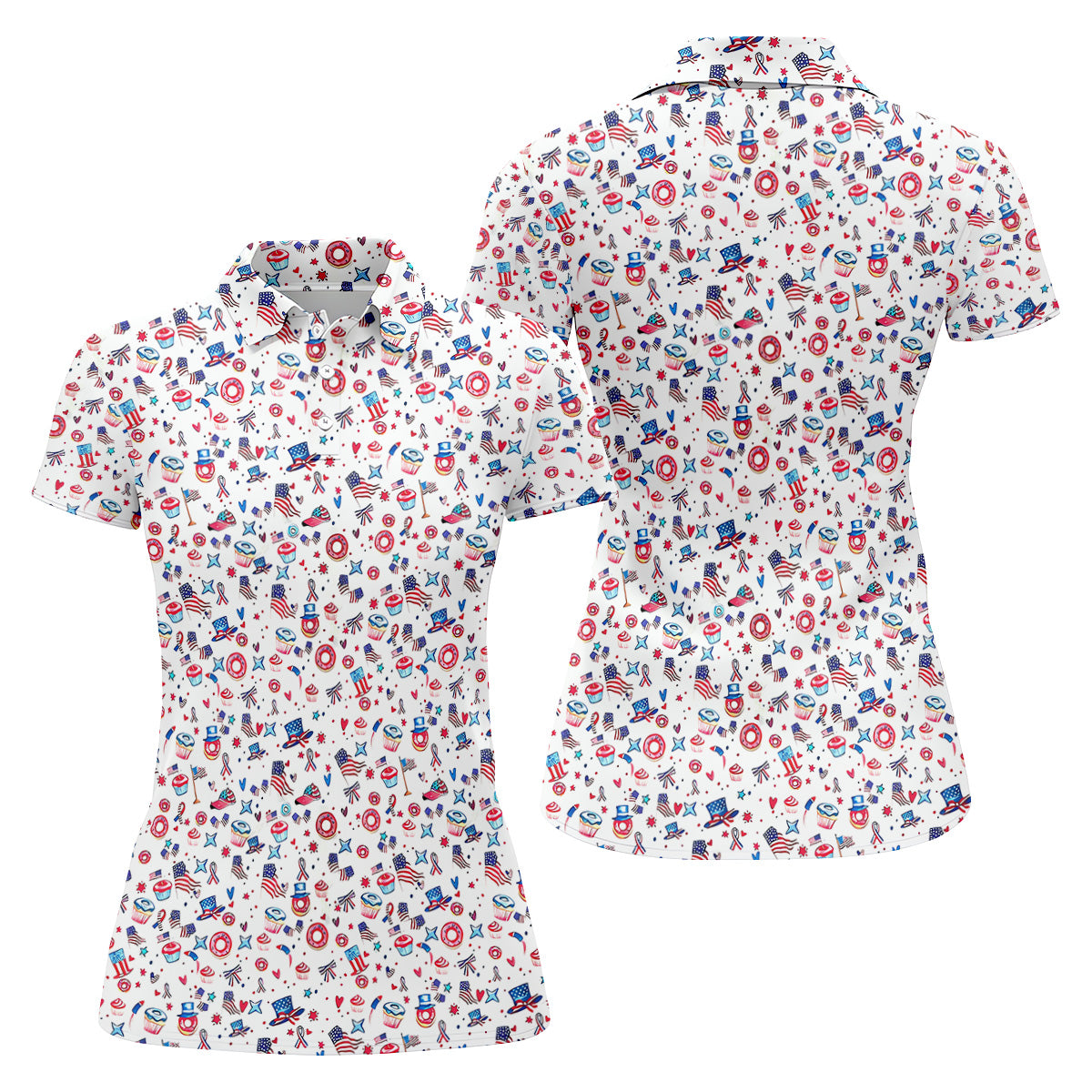 American Flag Donut Pattern Fun Women's Golf Shirts, Ladies Patriotic Golf Shirts, Women's Polo Shirt