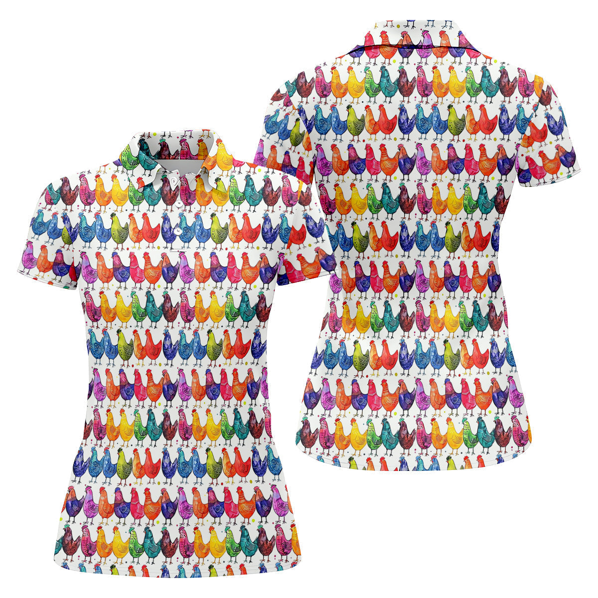 Whimsical Chicken Colorful Golf Shirt, Cute Golf Outfit, White Polo Women, Ladies Golf Shirts