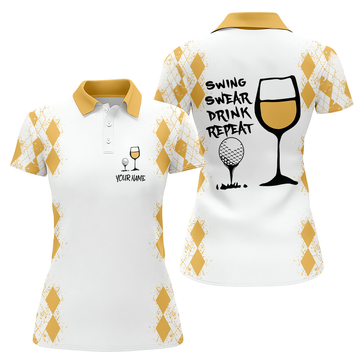 Swing Swear Drink Repeat Yellow Argyle Golf Shirt, Fun Womens Golf Shirts, White Polo Women, Ladies Golf Shirts