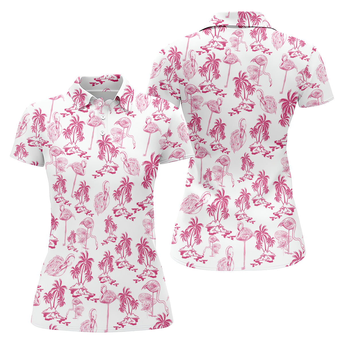 White And Pink Flamingo Tropical Women's Golf Shirts, Ladies Sleeveless Polo, Ladies Golf Shirts