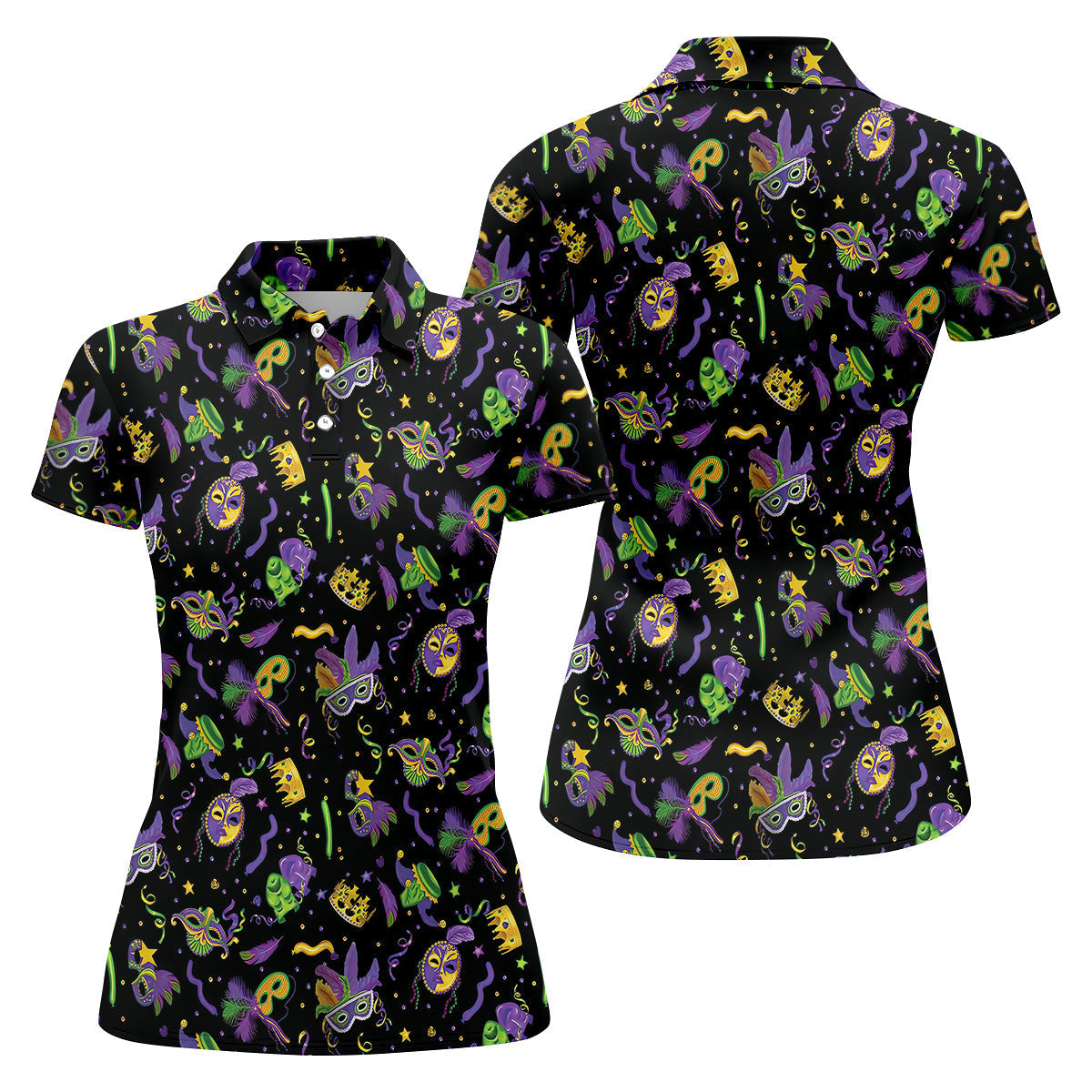 Mardi Gras Pattern Black Golf Polo ShirtLadies Sleeveless Tops, Ladies Golf Polos, Golfing Apparel