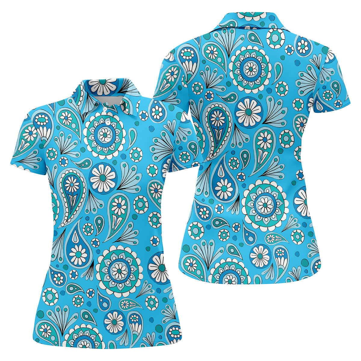 Blue Paisley Seamless Pattern Women Golf Top, Golf Shirt For Women, Ladies Golf Polos