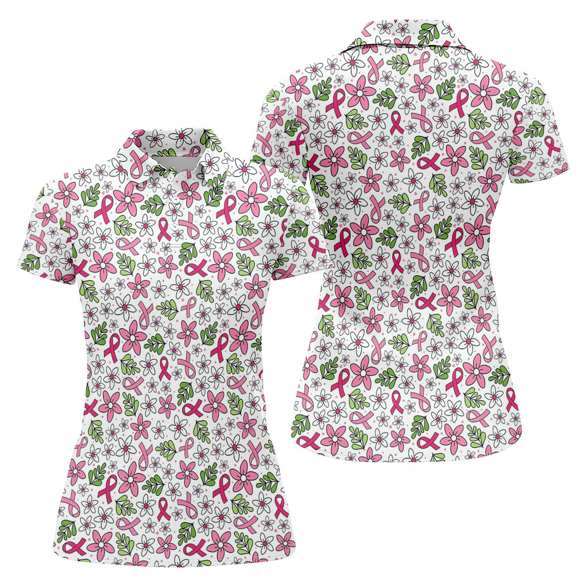 Breast Cancer Awareness Ribbon Floral Golf Shirt, Cancer Awareness Shirt, Ladies Golf Polos
