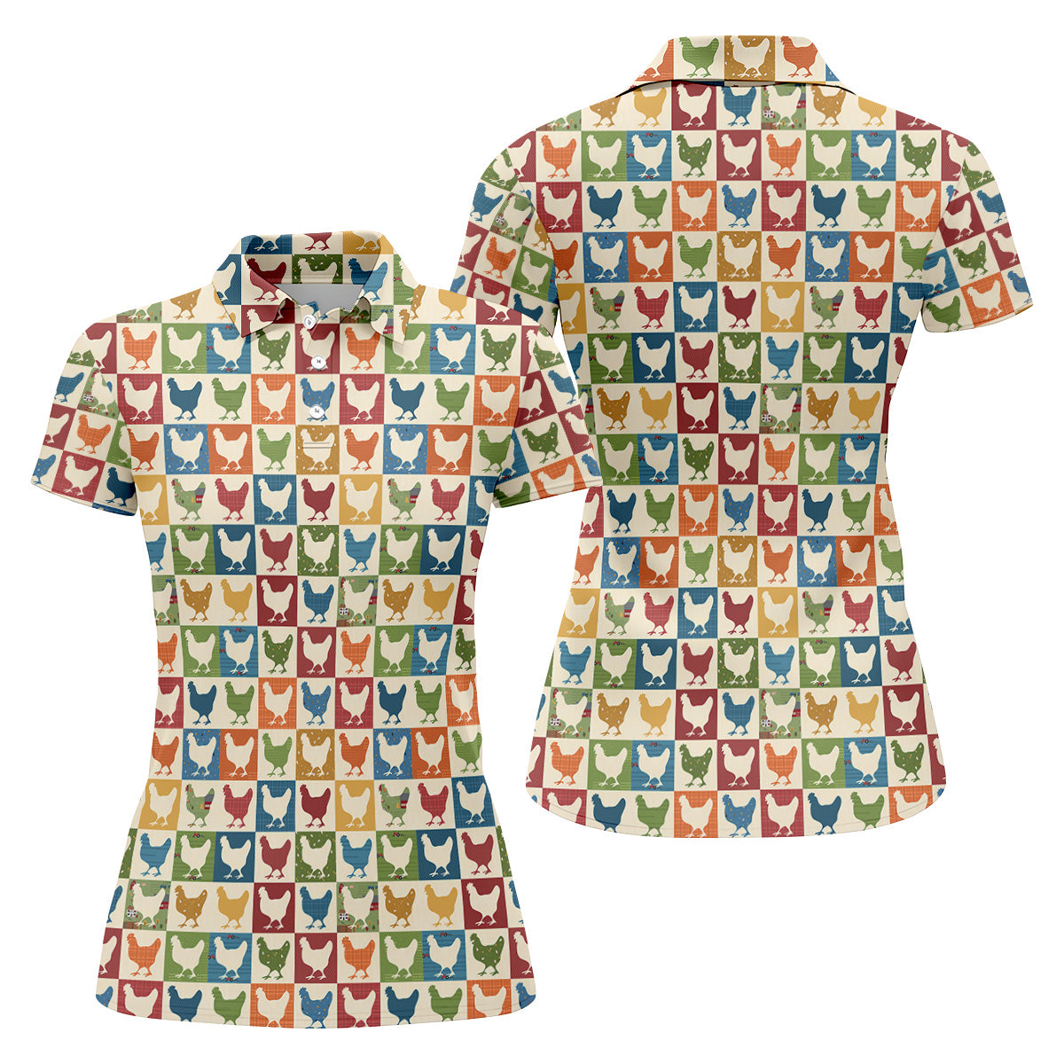 Chicken Rooster Colorful Checkered Women Golf Top, Gift For Chicken Lover, Ladies Golf Shirts
