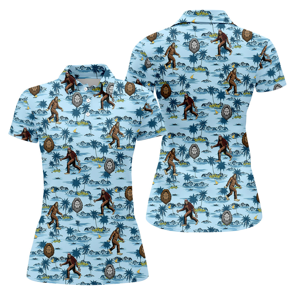 Blue Funny Sasquatch Tropical Golf Shirts, Ladies Golf Shirts, Golfing Apparel, Women's Polo Shirt