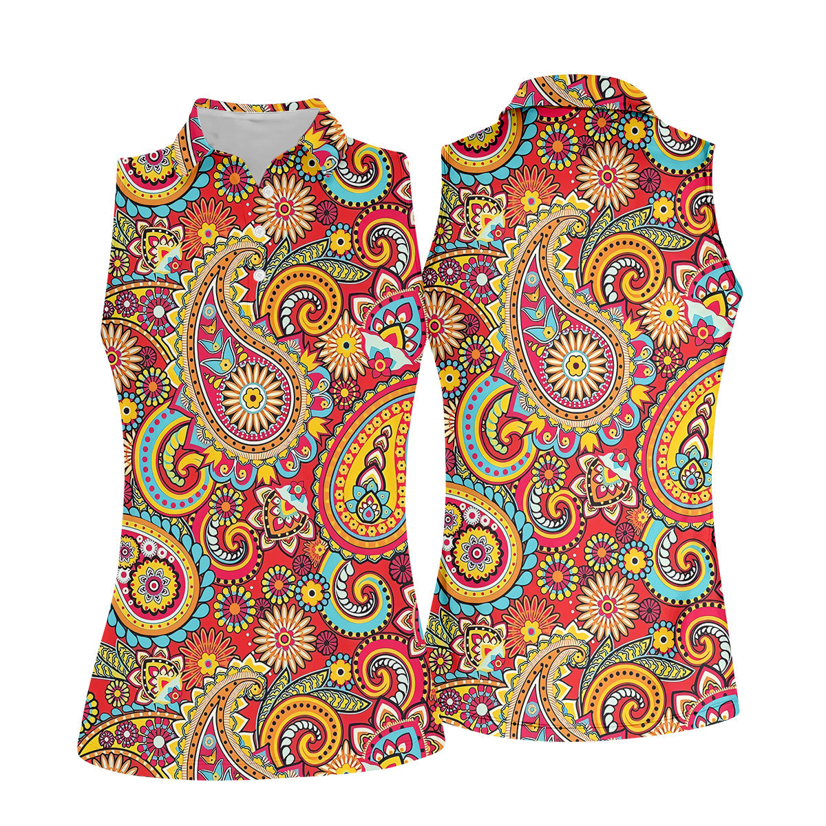 Red Paisley Seamless Pattern Women Golf Top, Golf Shirt For Women, Women's Polo Shirt