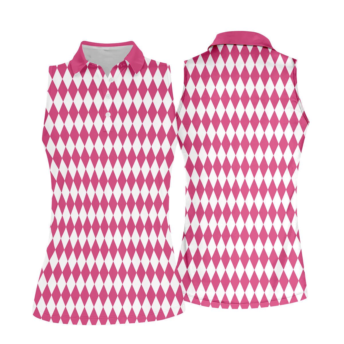 White And Pink Argyle Pattern Women's Golf Shirts, Ladies Sleeveless Polo, Ladies Golf Shirts