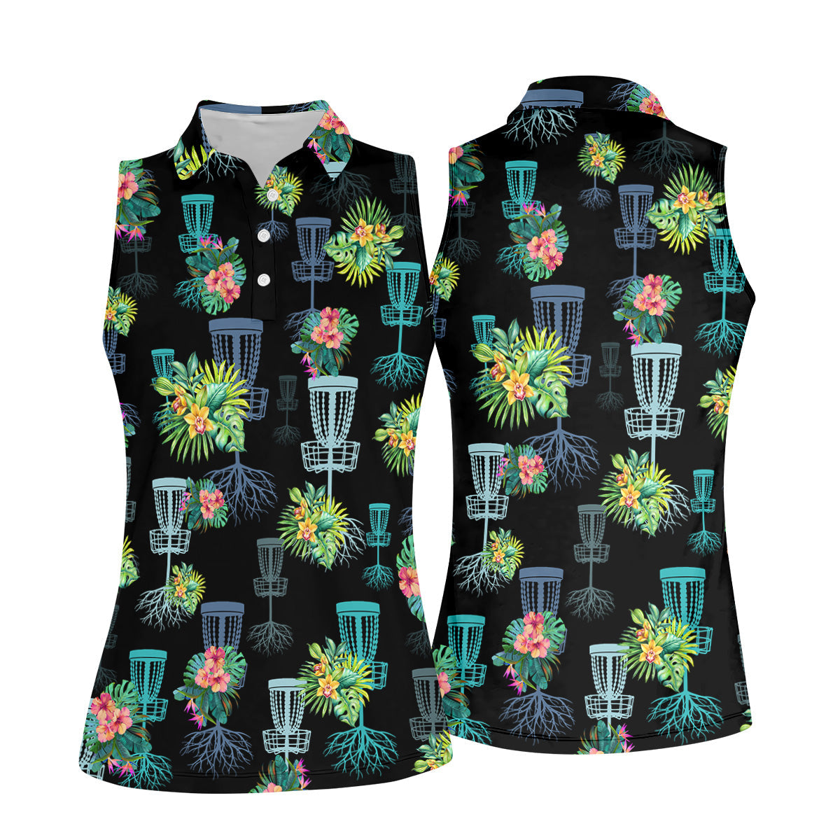 Tropical Floral Pattern Disc Golf Shirt, Black Golf Shirt, Ladies Golf Shirts, Women's Polo Shirt