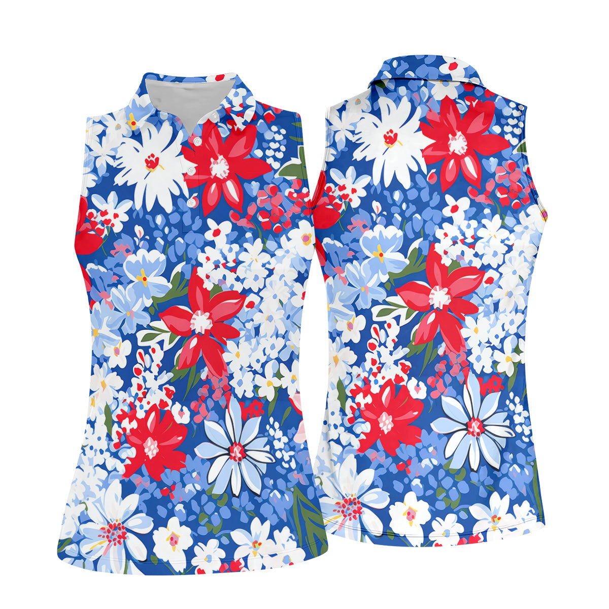 Red White Blue Flowers Seamless Pattern Women Golf Top, Patriotic Golf Shirt, Ladies Golf Polos