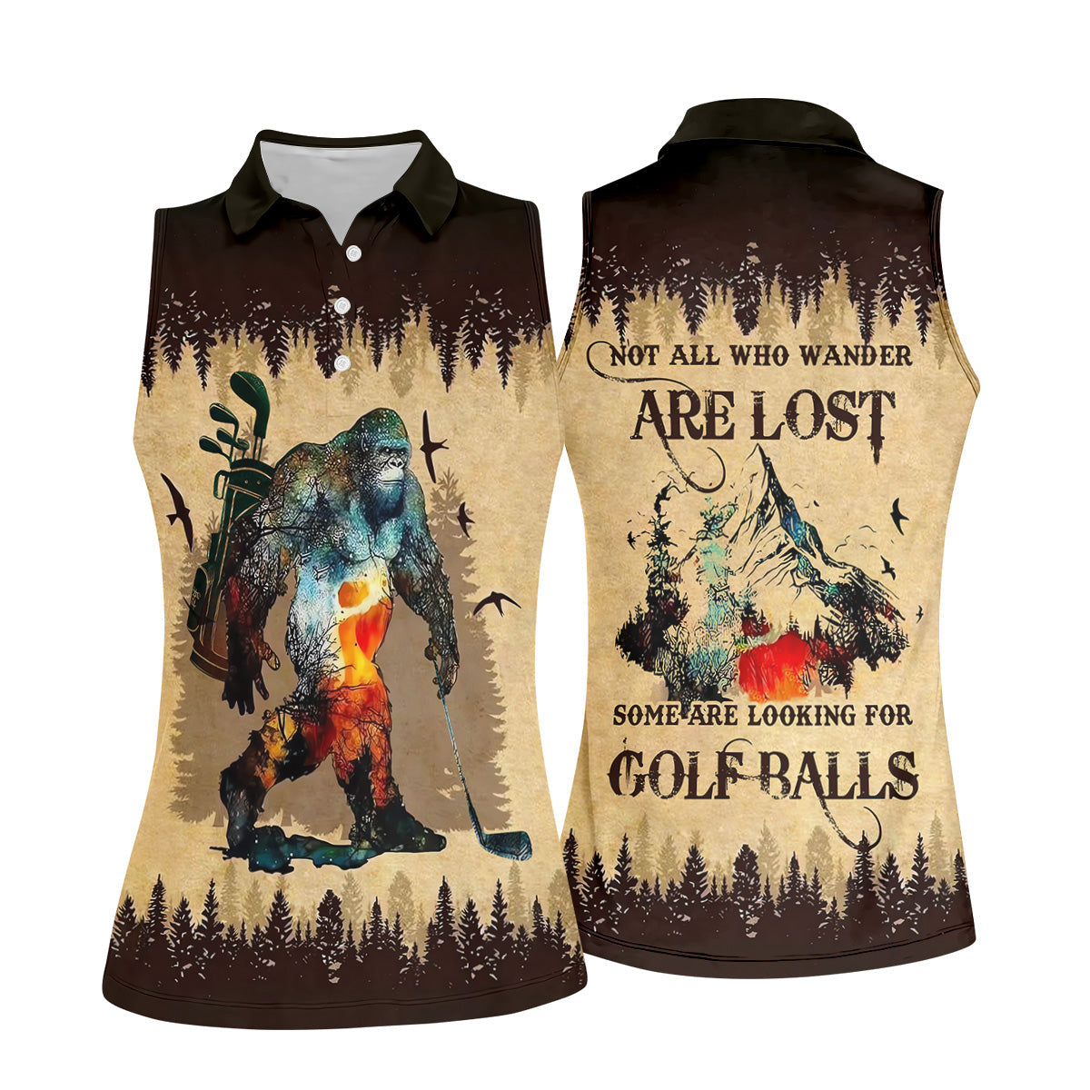 Not All Who Wander Are Lost Funny Bigfoot Brown Golf Shirt, Womens Golf Shirts, Ladies Golf Polos