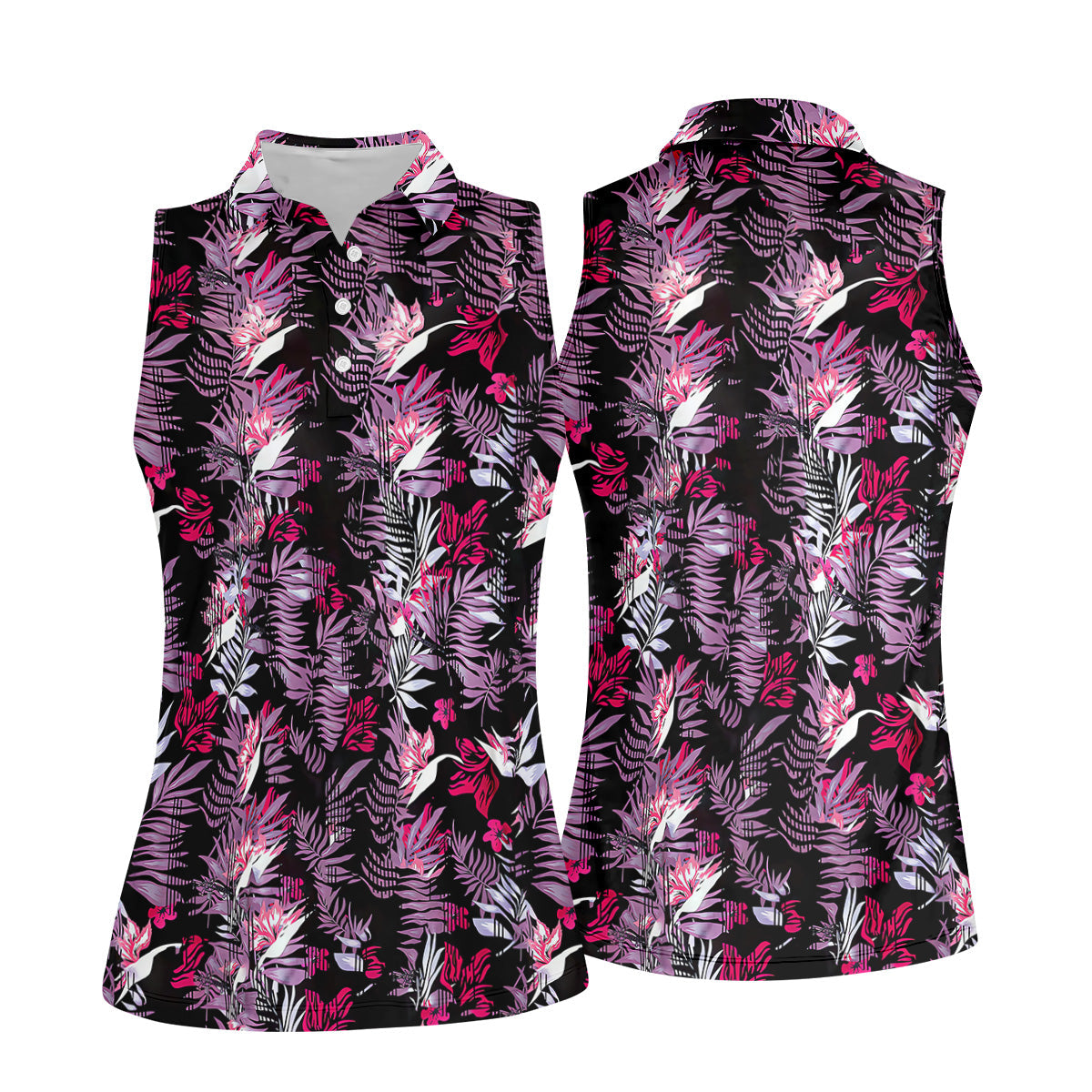 Purple And Black Tropical Golf Shirts, Sleeveless Women's Golf Shirts, Ladies Golf Polos