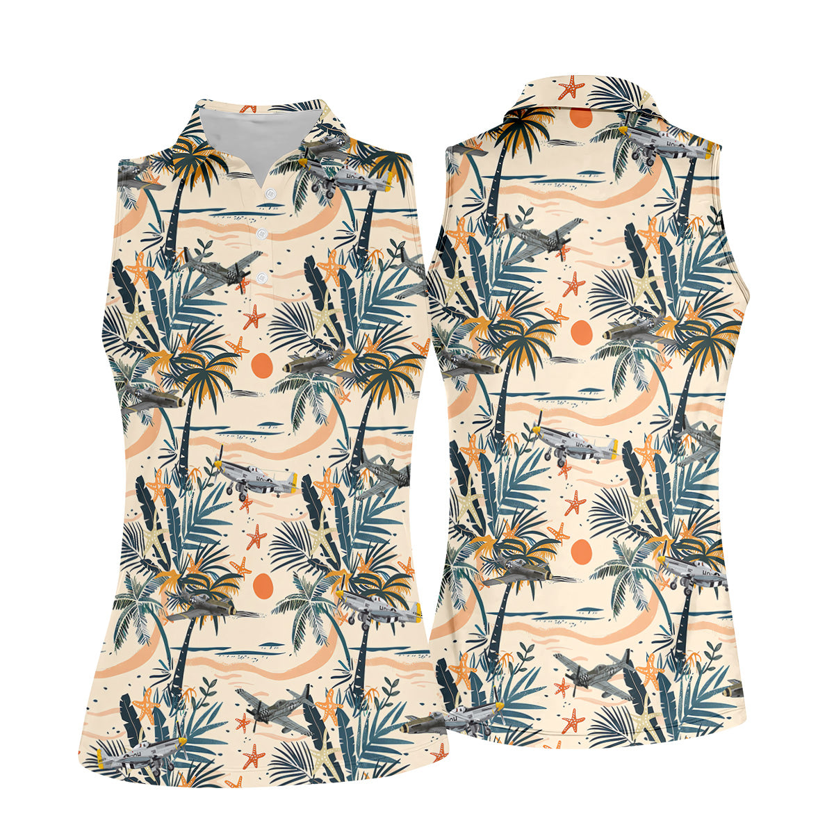 Beach Tropical Seamless Pattern Retro Golf Shirt, Ladies Sleeveless Polo, Ladies Golf Shirts