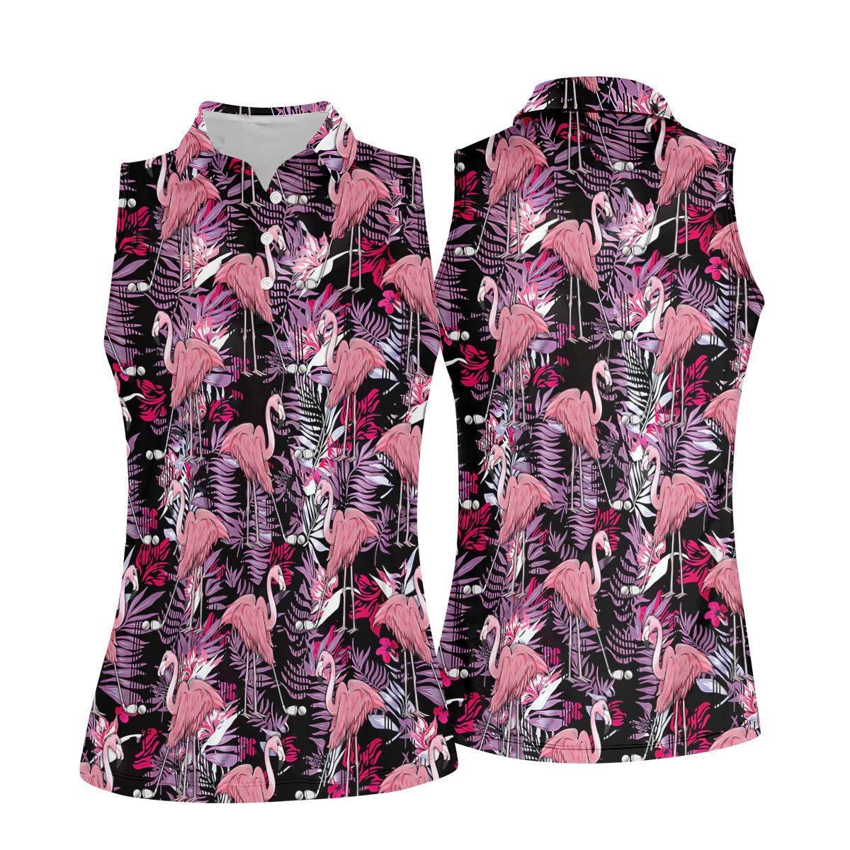 Tropical Flamingo Purple Golf Shirt, Sleeveless Women's Golf Shirts, Ladies Golf Polos, Golfing Apparel