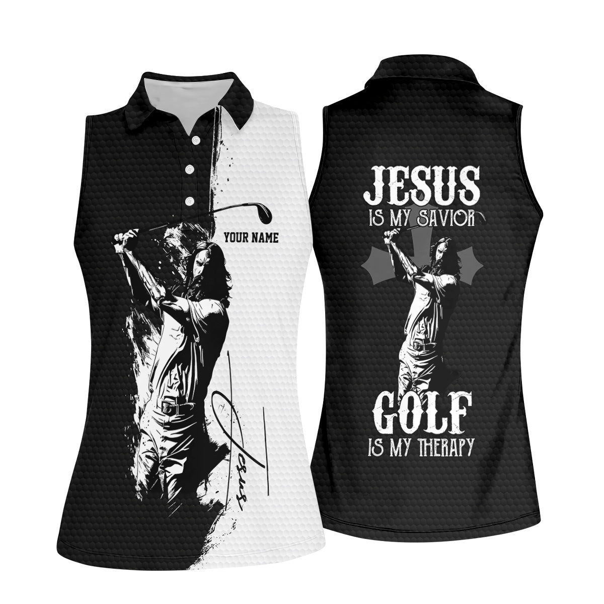 Jesus Is My Savior Golf Is My Therapy Christian Golf Shirt, Black And White Golf Polo, Ladies Golf Shirts