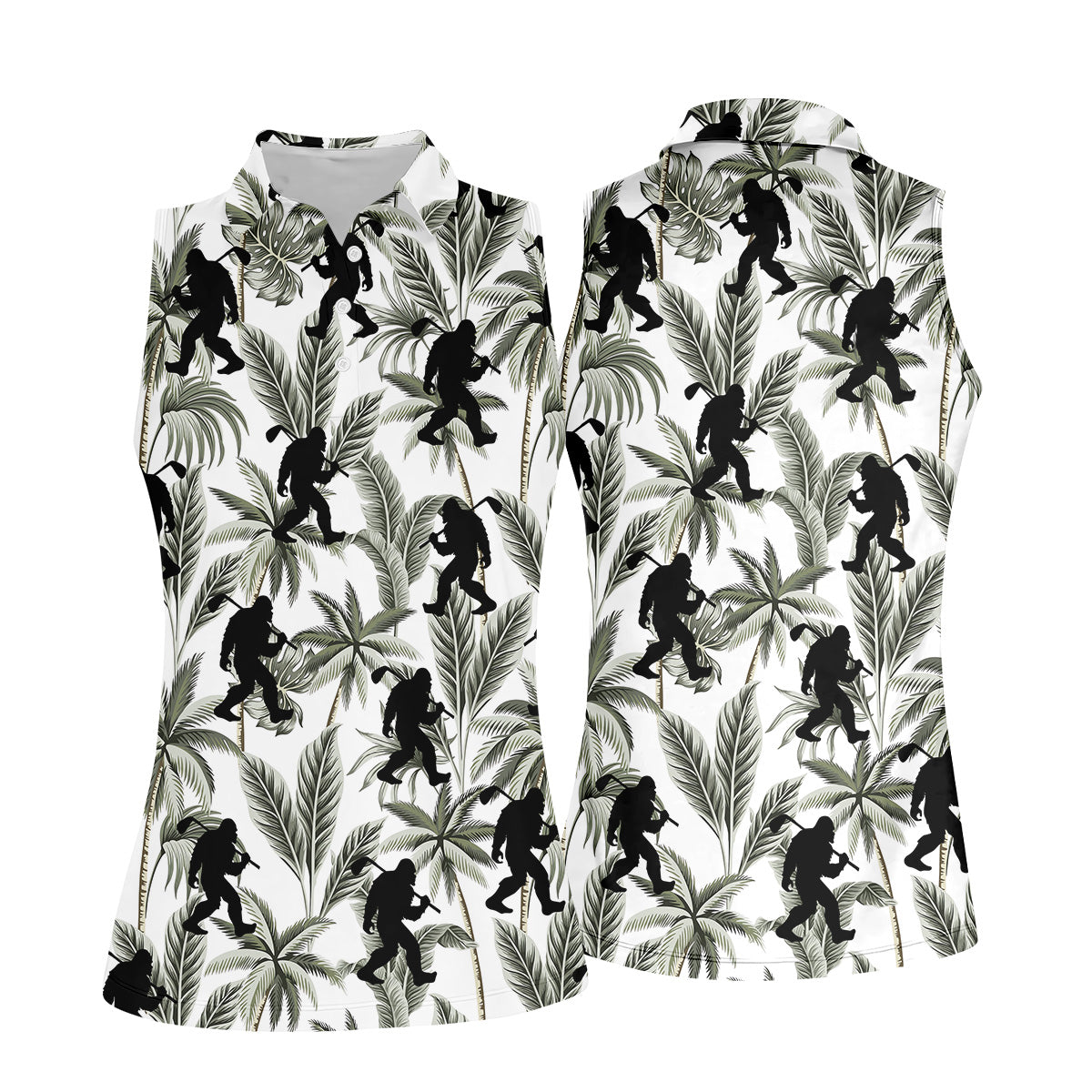 Funny Bigfoot Tropical Palm Leaves Golf Shirt For Women, Ladies Sleeveless Polo, Ladies Golf Shirts