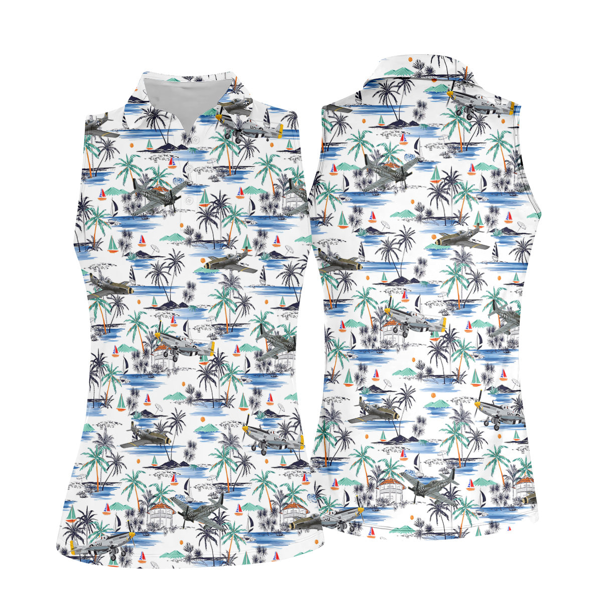 Light Blue Airplane Tropical Golf Shirts, Ladies Sleeveless Polo, Gifts For Golf Lovers, Women's Golf Shirts