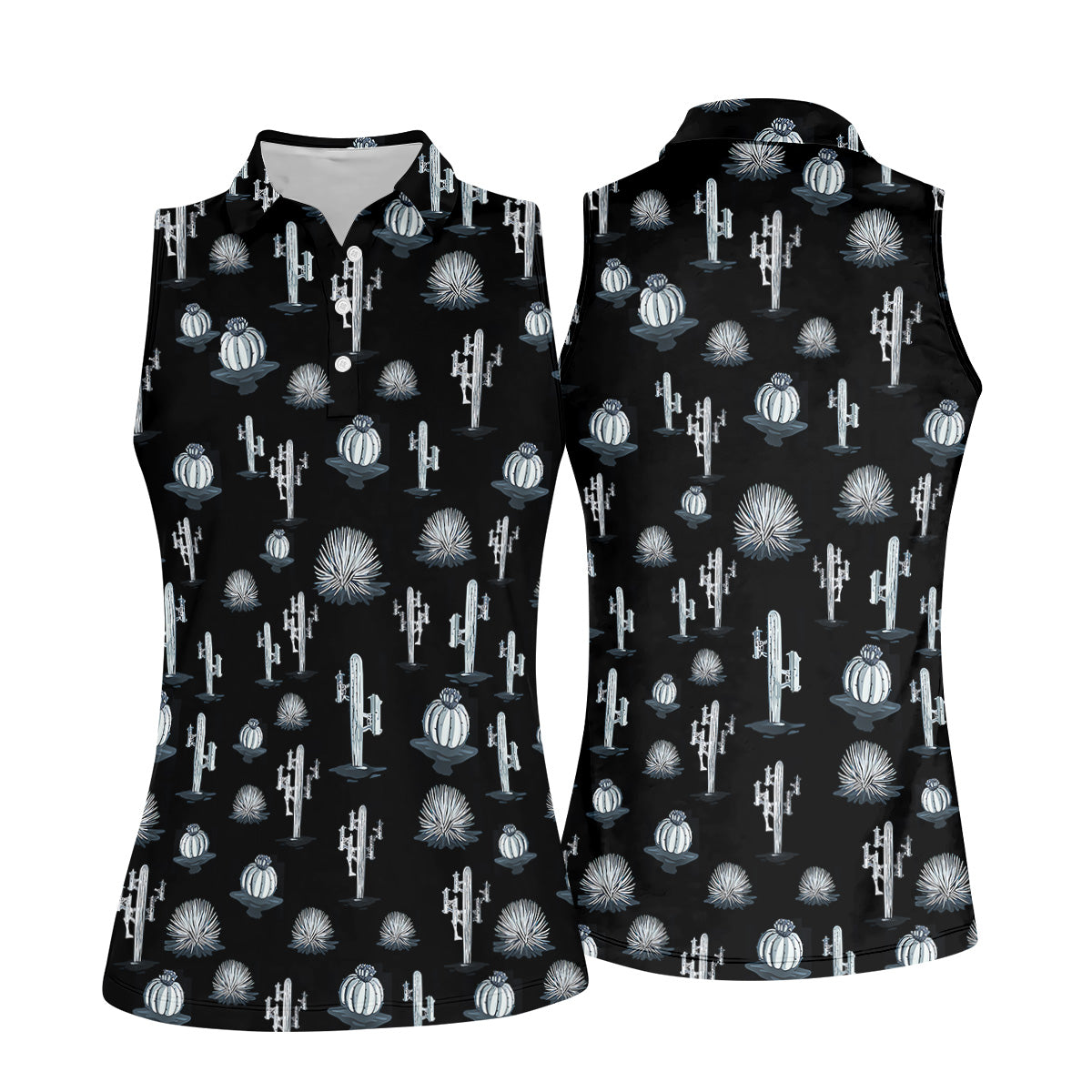 Desert Cactus Black And White Women's Golf Tops, Ladies Golf Shirts, Golf Gifts For Women
