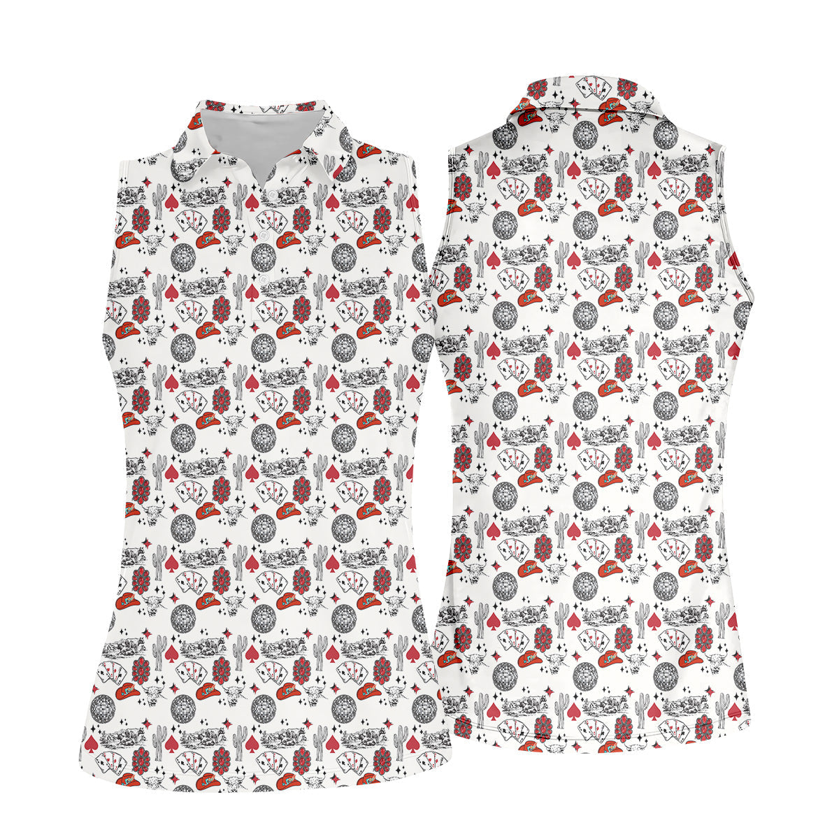 Western Cards Red Cowgirl Hat Seamless Pattern Golf Shirt For Women, Ladies Golf Polos, Golfing Apparel