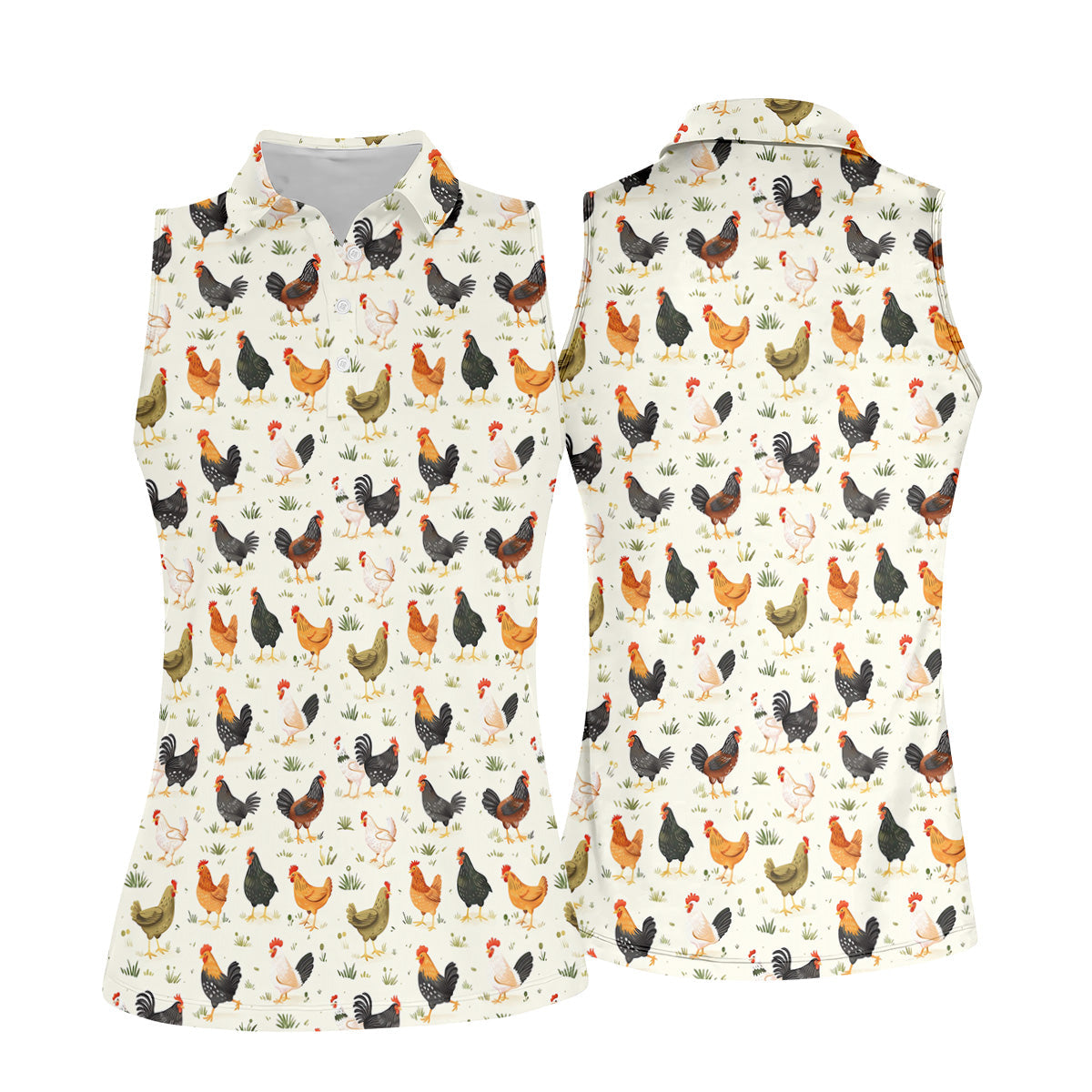 Chicken Rooster Beige Women Golf Top, Gift For Chicken Lover, Ladies Golf Shirts, Women's Polo Shirt