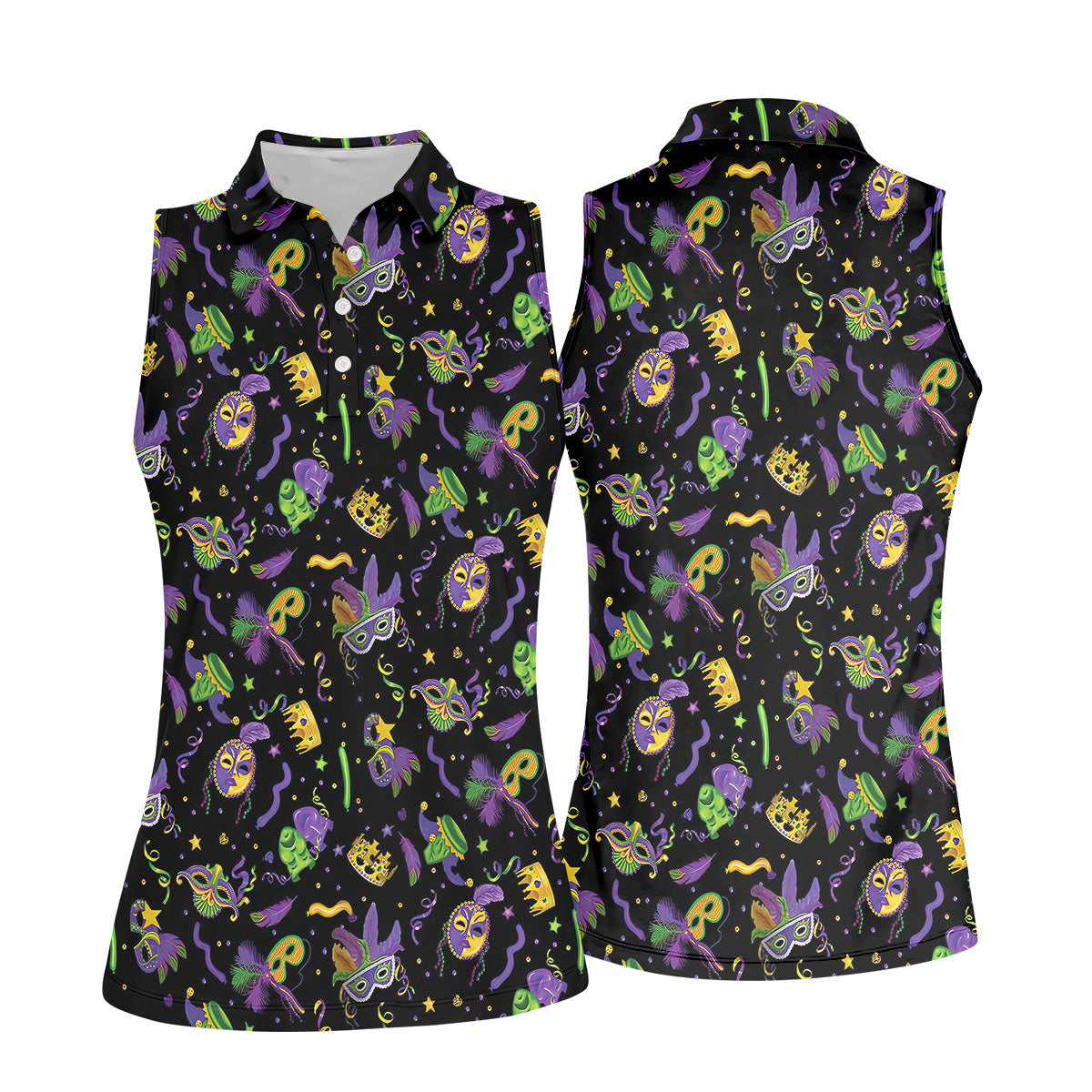 Mardi Gras Pattern Black Golf Polo ShirtLadies Sleeveless Tops, Ladies Golf Polos, Golfing Apparel