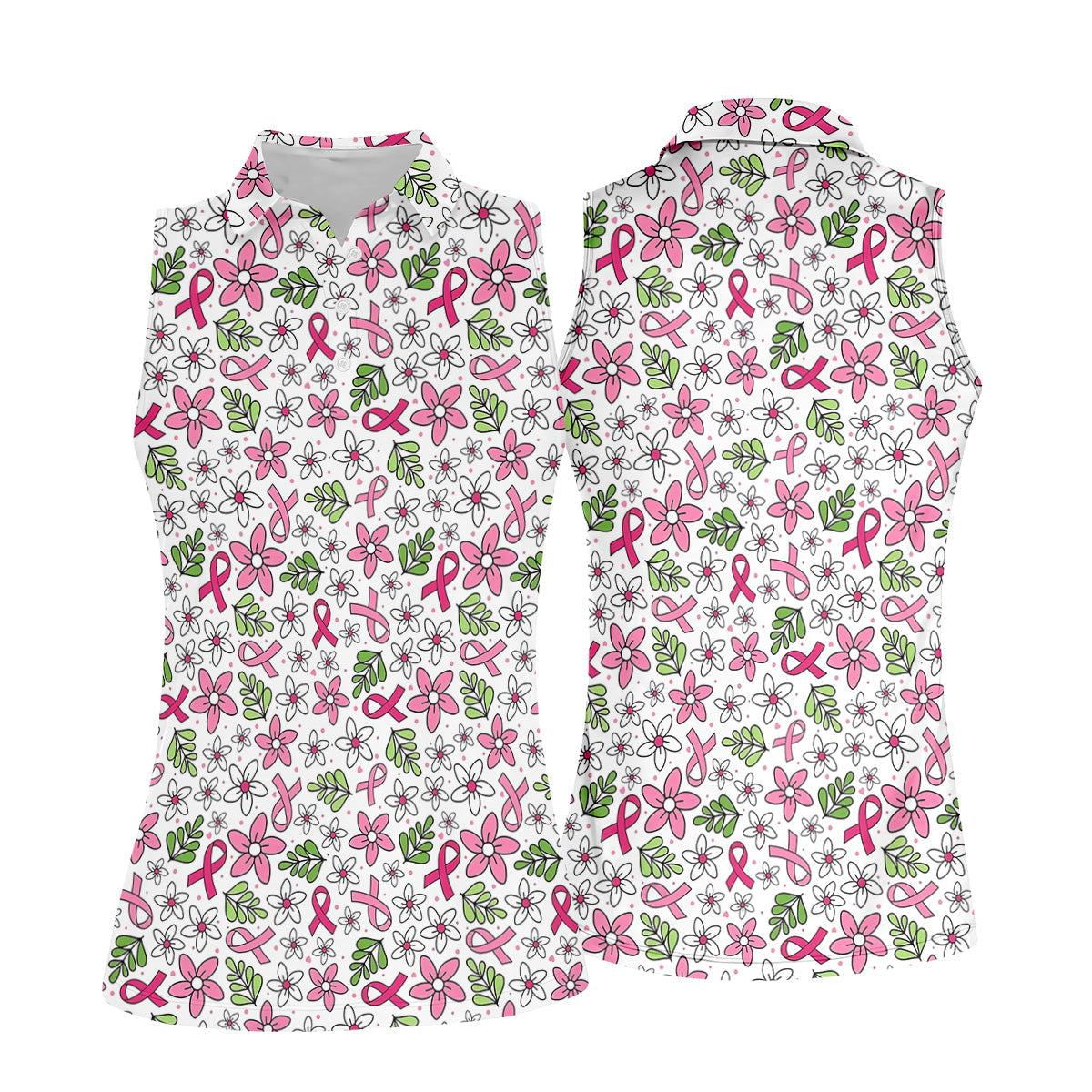 Breast Cancer Awareness Ribbon Floral Golf Shirt, Cancer Awareness Shirt, Ladies Golf Polos