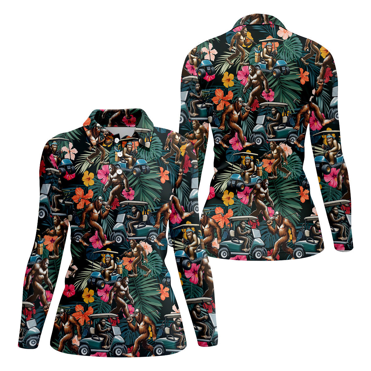 Bigfoot Golf Cart Tropical Floral Fun Women's Golf Shirts, Ladies Sleeveless Tops, Ladies Golf Shirts
