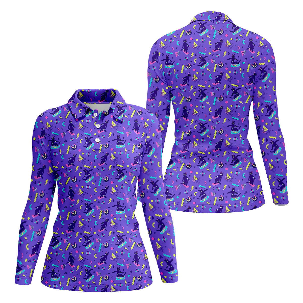 SK8R CAT Patterned Golf Polos, Fun Womens Golf Shirts, Ladies Sleeveless Golf Shirts, Ladies Golf Shirts