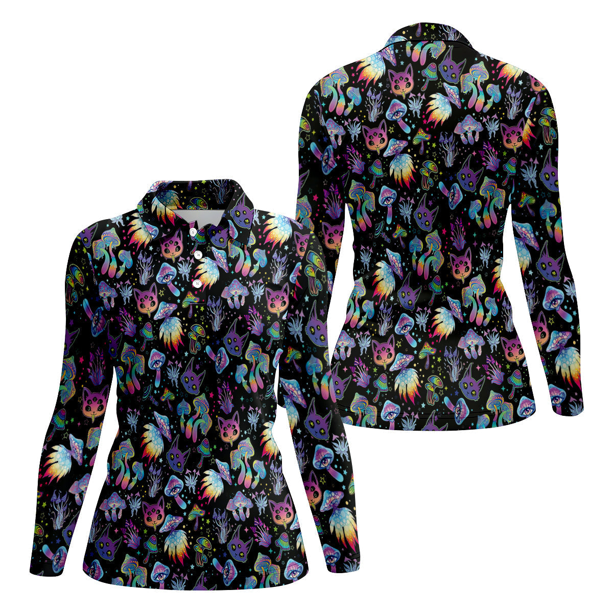 Funny Neon Cat Alien Mushroom Women Golf Shirt, Cute Golf Outfit, Ladies Golf Polos, Golfing Apparel