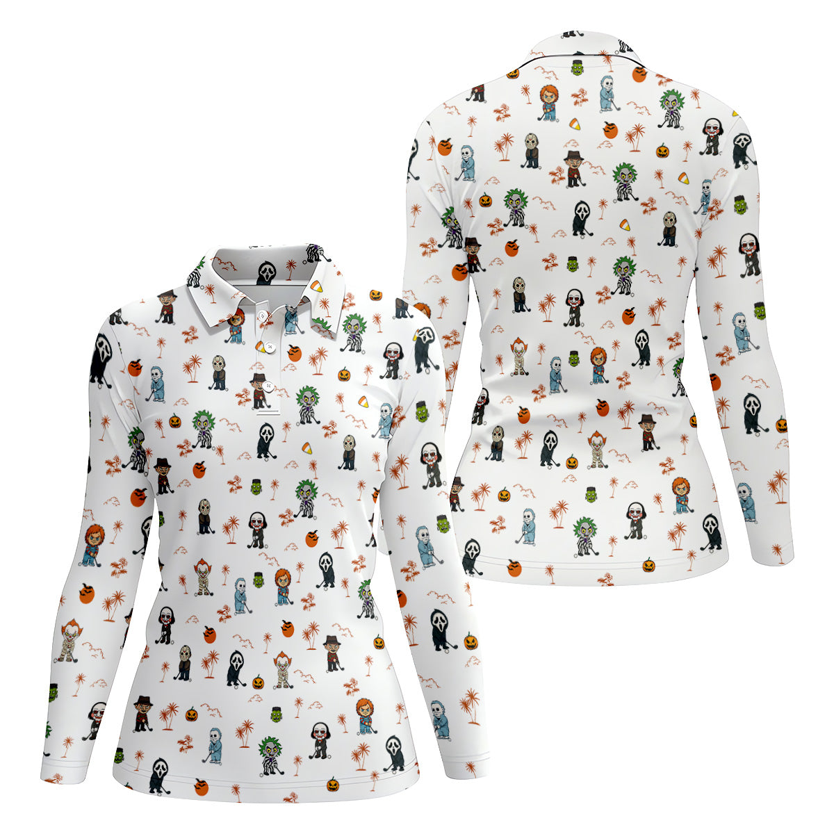 Horror Halloween Character Women's Hawaiian Golf Shirts, Womens Golf Tops, Horror Movie Shirt
