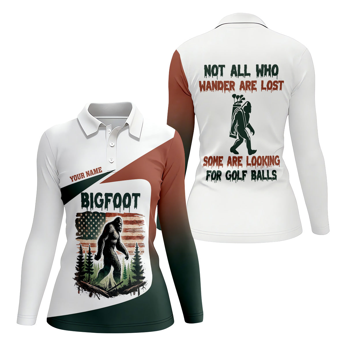 Not All Who Wander Are Lost Bigfoot Golf Shirt, Ladies Patriotic Golf Shirts, Women's Golf Tops