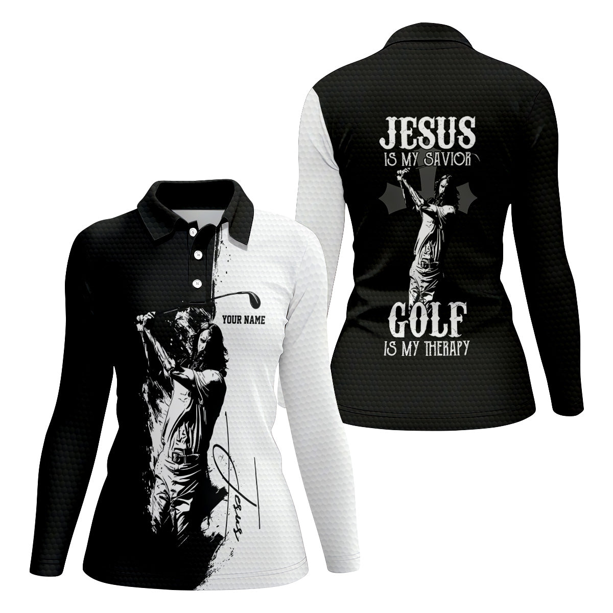 Jesus Is My Savior Golf Is My Therapy Christian Golf Shirt, Black And White Golf Polo, Ladies Golf Shirts