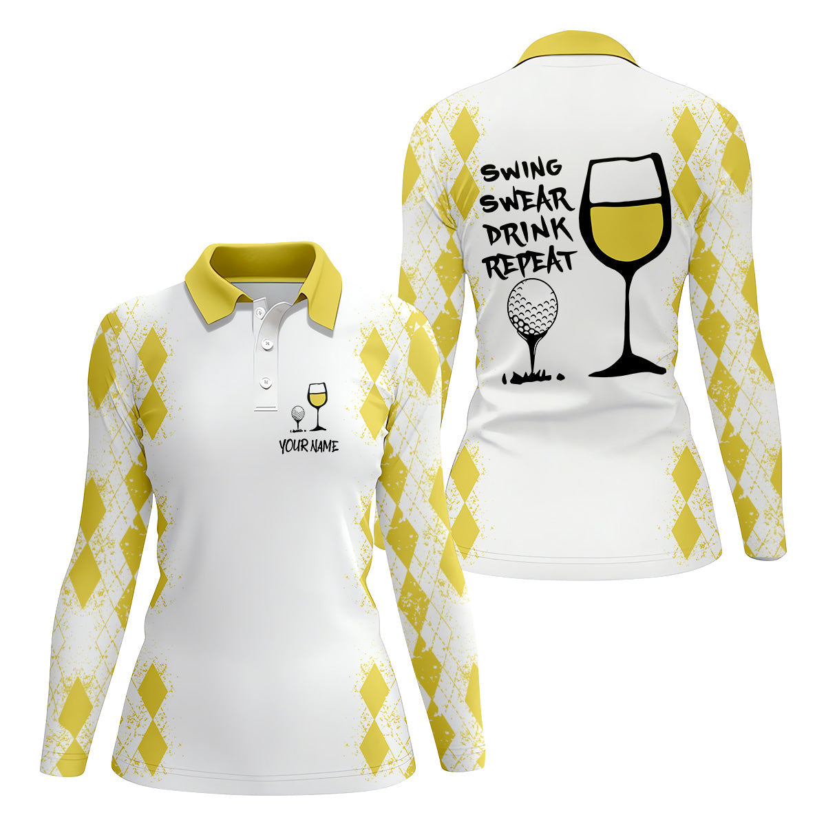 Swing Swear Drink Repeat Lemon Yellow Argyle Golf Shirt, Fun Womens Golf Shirts, Ladies Golf Shirts