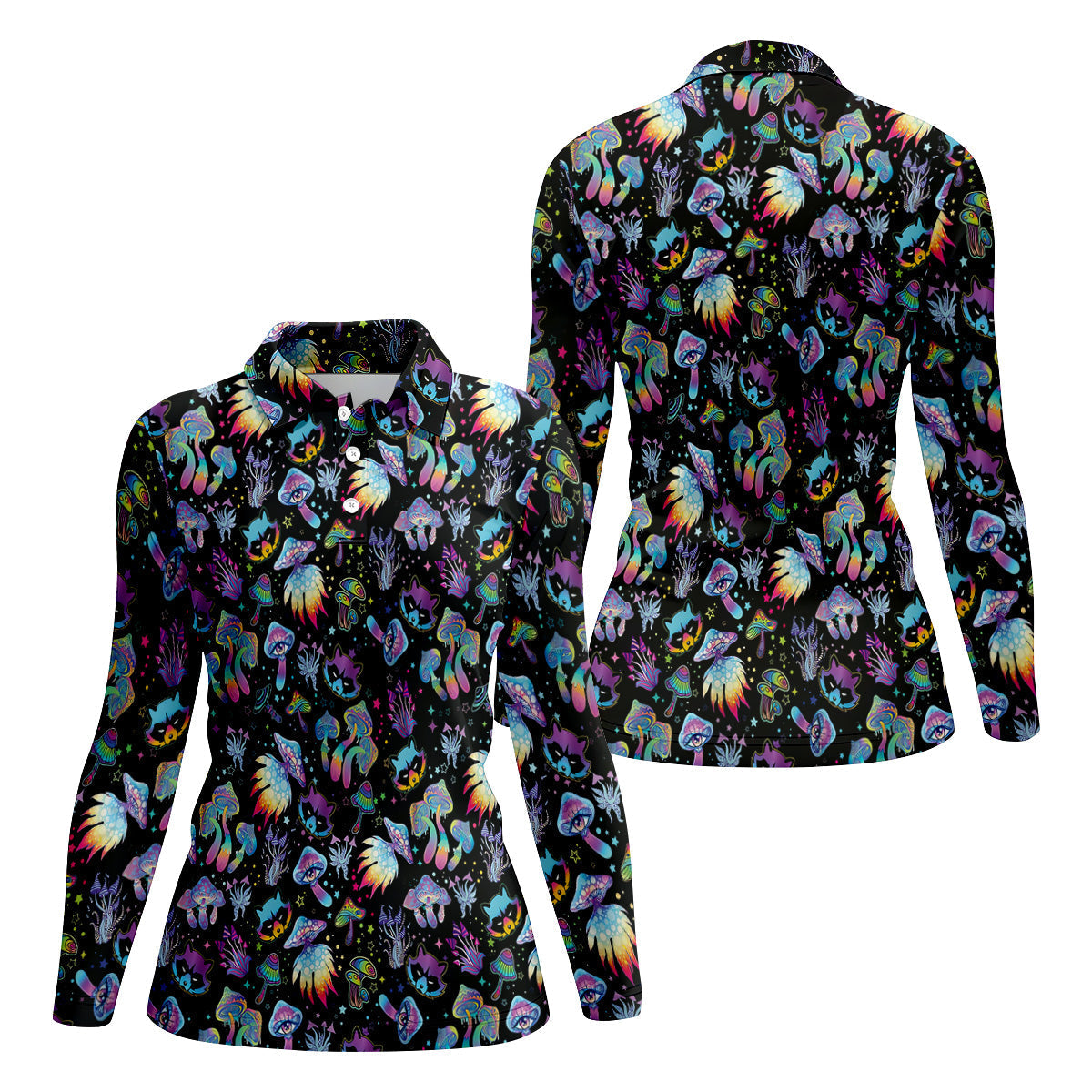 Funny Neon Cat Alien Mushroom Women Golf Shirt, Ladies Golf Polos, Cool Golf Gift