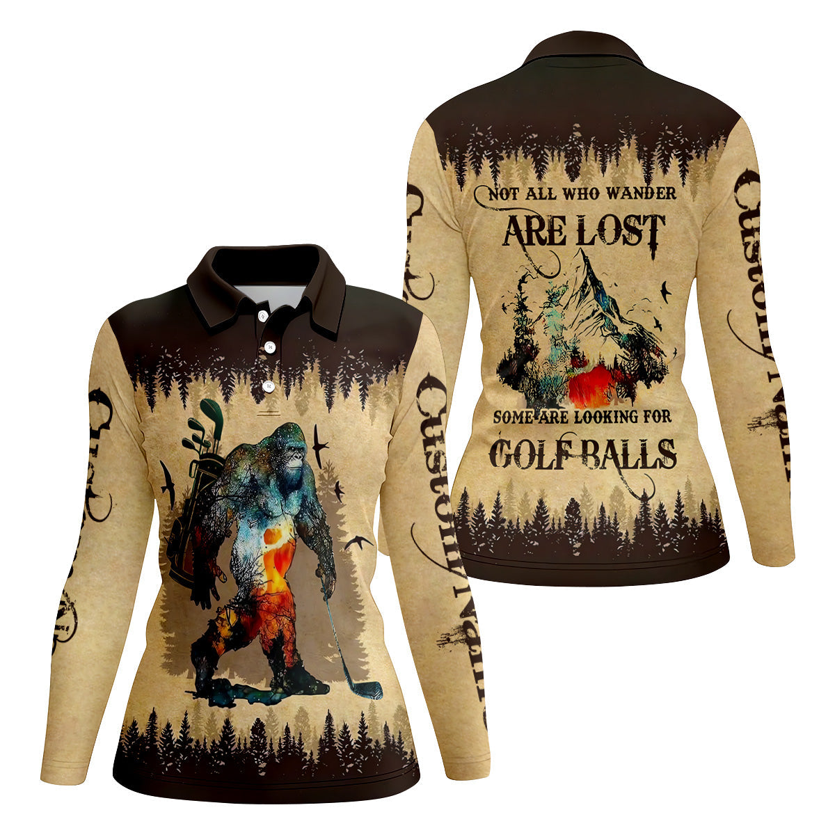 Not All Who Wander Are Lost Funny Bigfoot Brown Golf Shirt, Womens Golf Shirts, Ladies Golf Polos