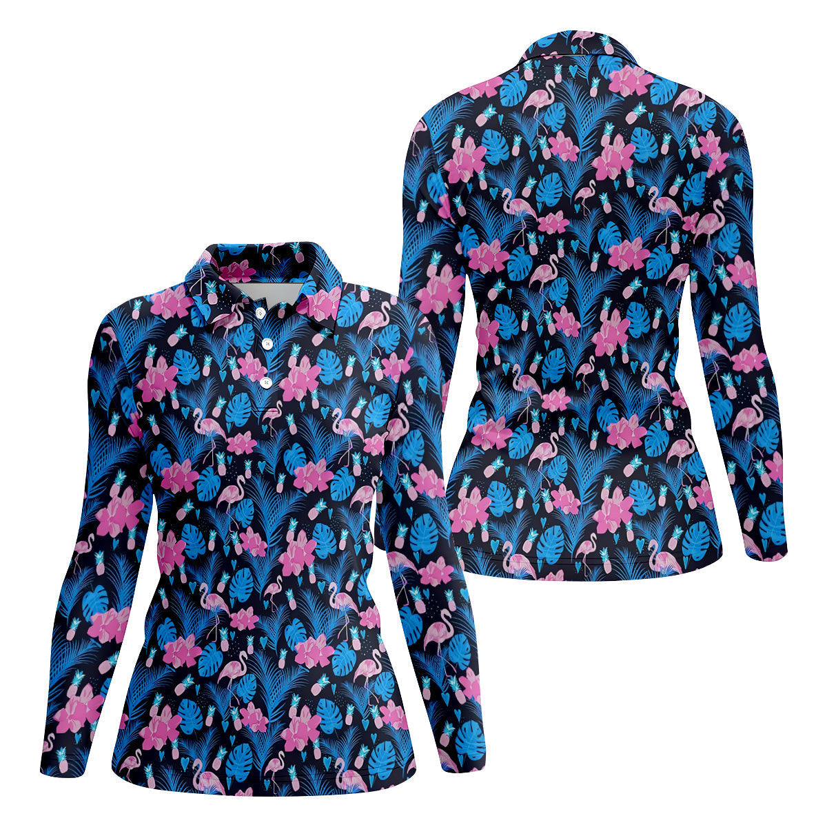 Flamingo Pink Pink And Blue Tropical Golf Shirts, Ladies Sleeveless Polo, Women's Golf Tops