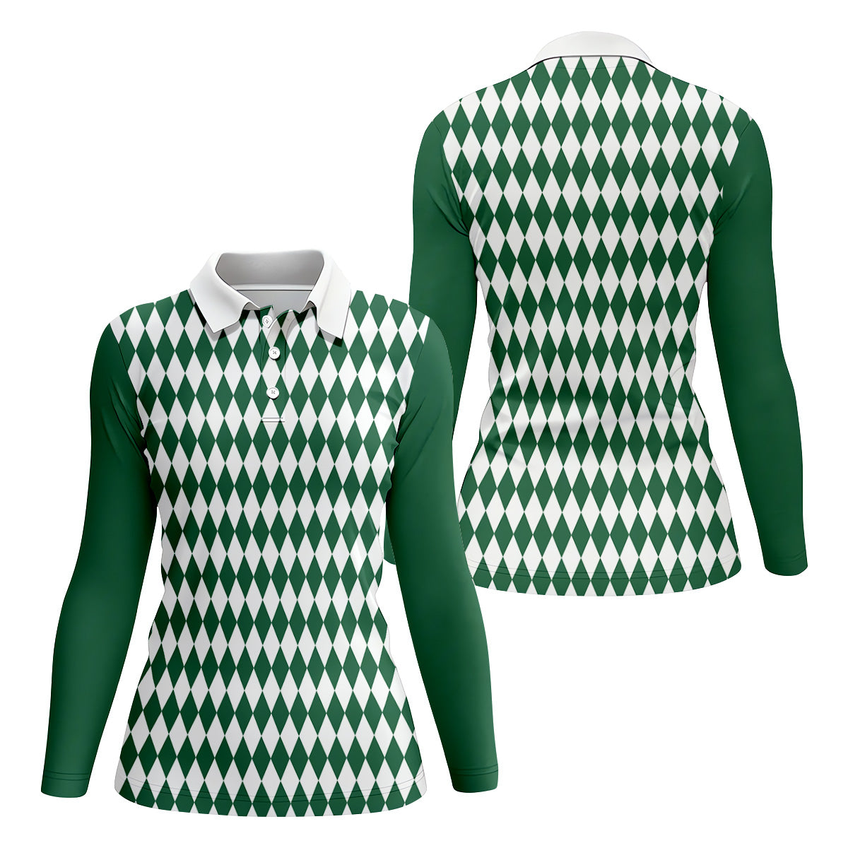 White And Green Argyle Pattern Women's Golf Shirts, Ladies Sleeveless Polo, Ladies Golf Shirts