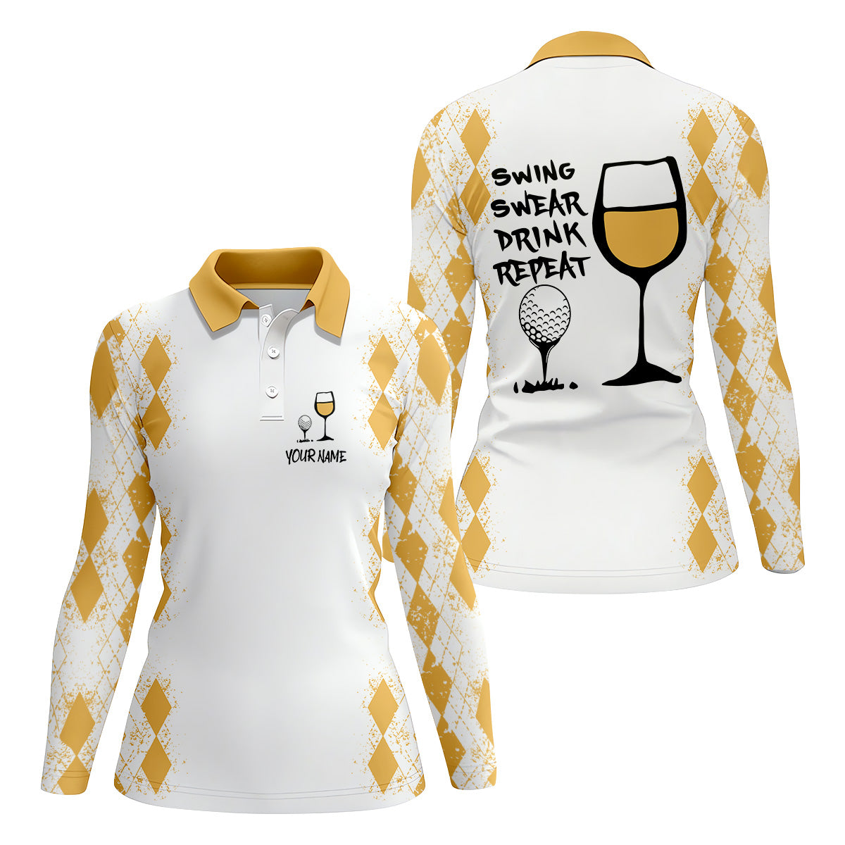 Swing Swear Drink Repeat Yellow Argyle Golf Shirt, Fun Womens Golf Shirts, White Polo Women, Ladies Golf Shirts