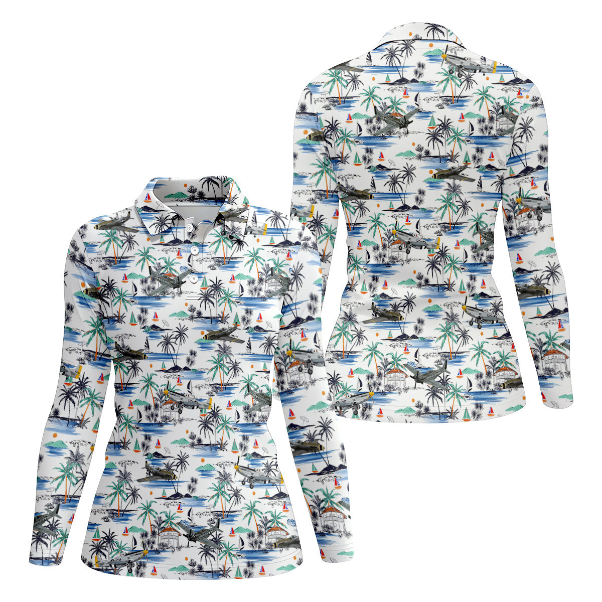 Light Blue Airplane Tropical Golf Shirts, Ladies Sleeveless Polo, Gifts For Golf Lovers, Women's Golf Shirts