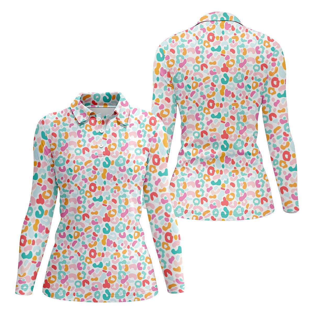 Leopard Pattern Fun Womens Golf Shirts, Women's Long Sleeve Golf Shirts, Ladies Golf Tops, Ladies Golf Polos