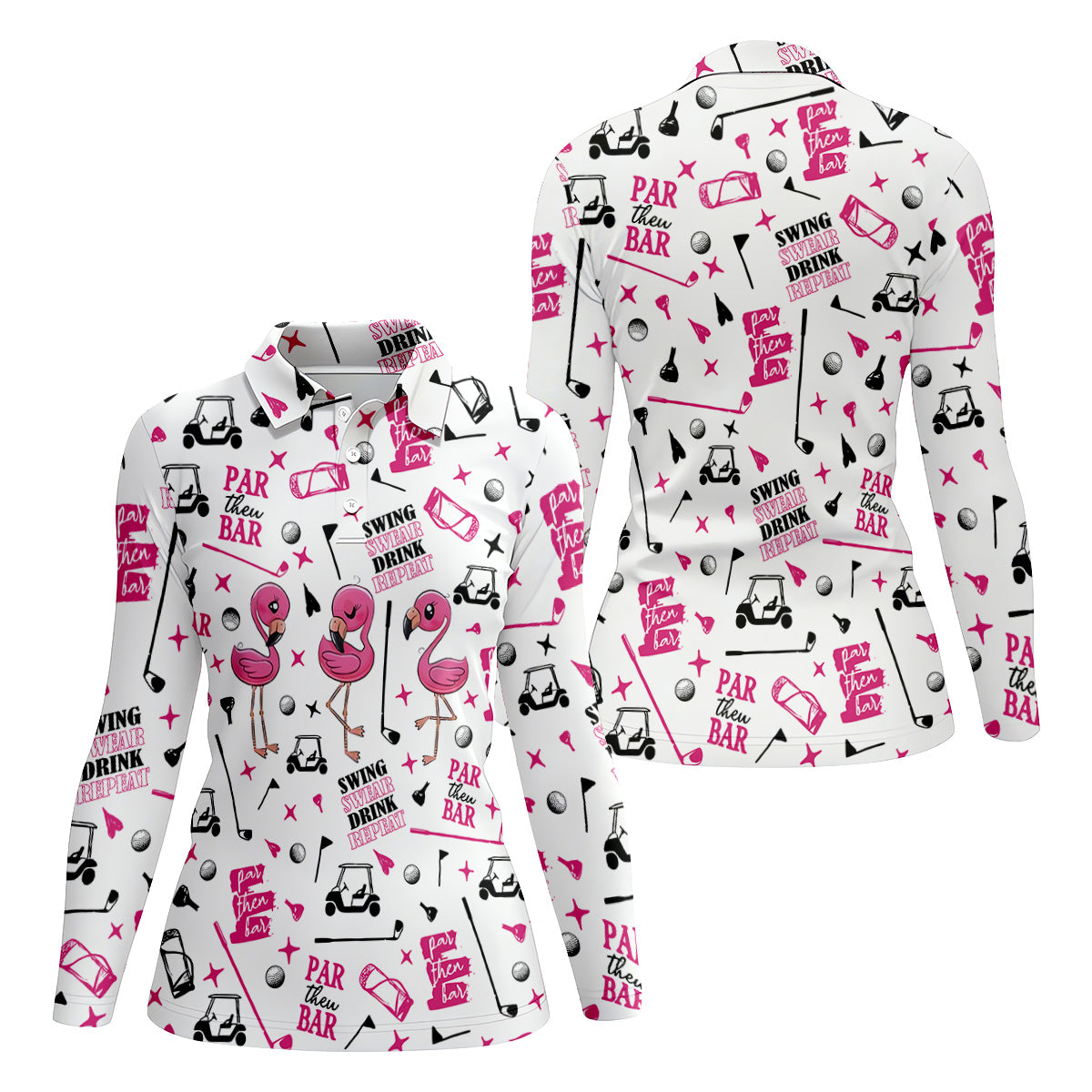 Swing Swear Drink Repeat Par Then Bar Flamingo Golf Shirt, Fun Women's Golf Shirts, Ladies Golf Polos